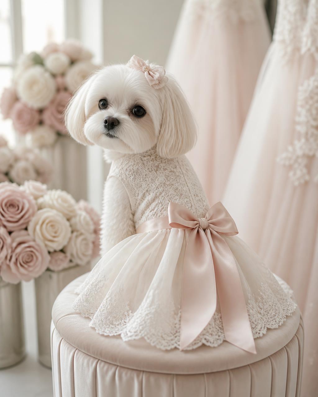 Cagnolino con abito da cerimonia in pizzo nella boutique La Maison Pet Très Jolie